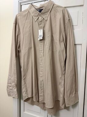 New Tommy Hilfiger Men's brown and white Stripe Button-Down Shirt XXL